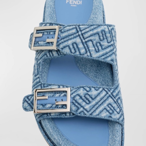 Fendi FF Embroidered Denim Dual Buckle Slide Sandals - Picture 3 of 6